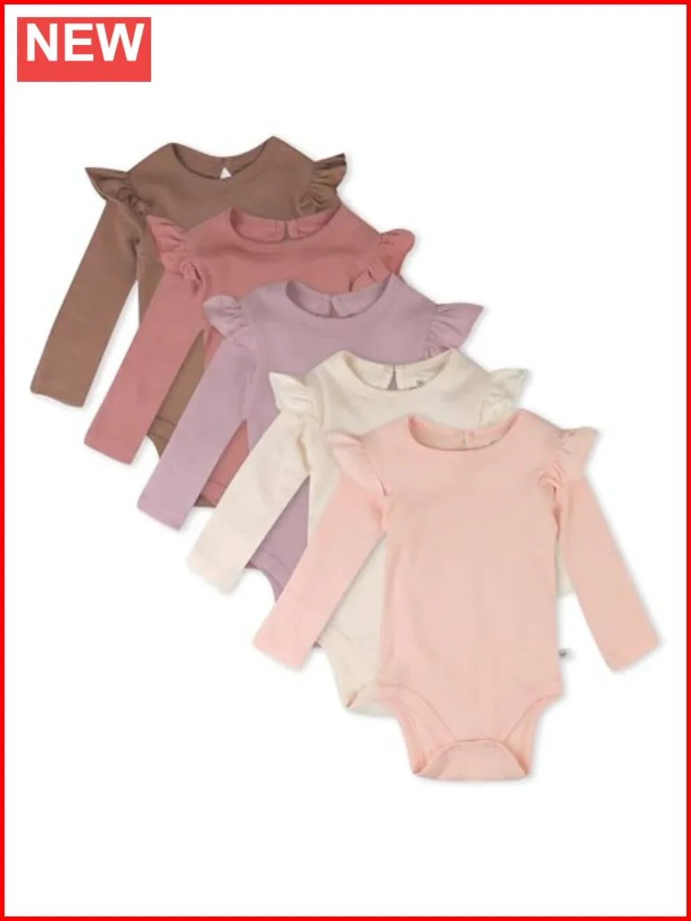 5-Pack Baby Girls Long Sleeve Ruffle Shoulder Bodysuits 100% Organic Cotton
